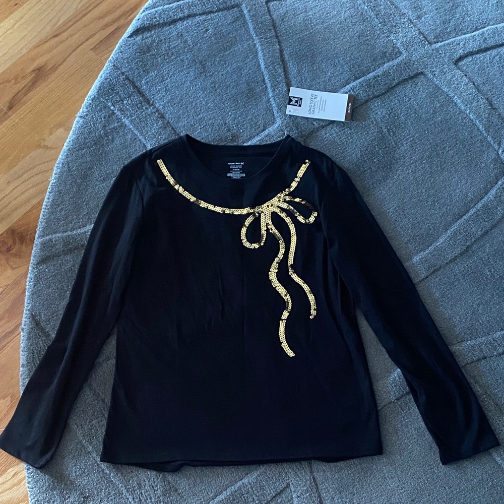 NWT set of 2 Members Mark Long Sleeve Top with Gold Sequin Bow